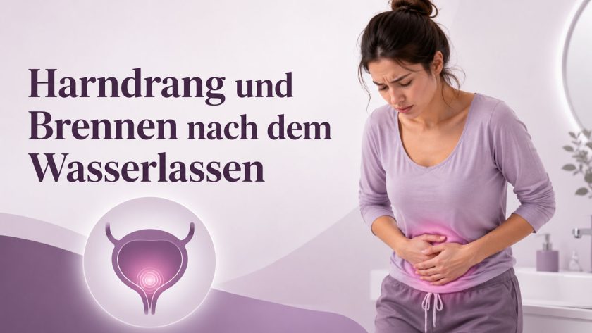 Frau mit Schmerzen im Unterbauch neben einer Illustration der gereizten Blase
