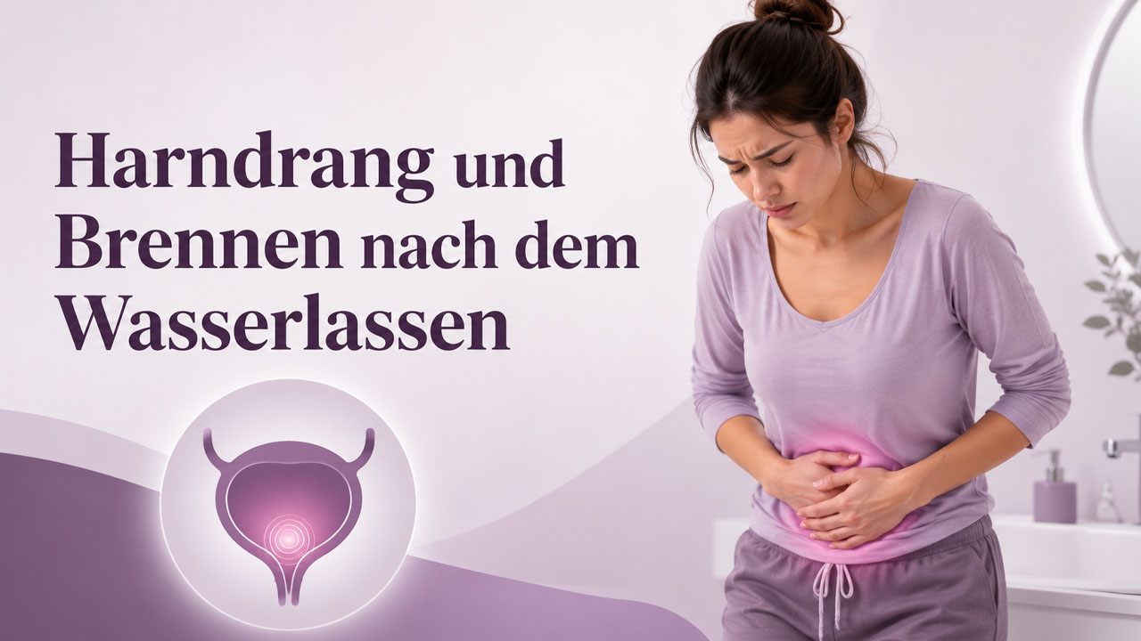 Frau mit Schmerzen im Unterbauch neben einer Illustration der gereizten Blase