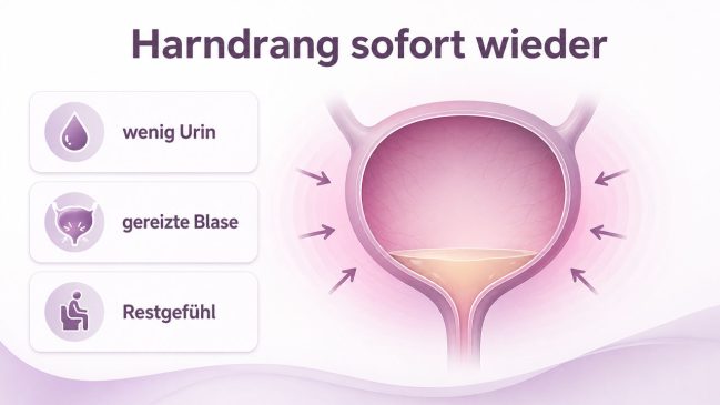 Blase mit geringer Urinmenge, Druckpfeilen und drei beschrifteten Symptomkarten