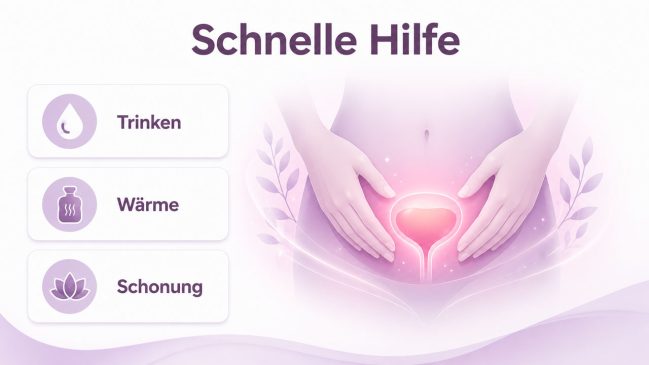 Hände auf dem Unterbauch mit leuchtender Blase und Symbolen für Trinken, Wärme und Schonung