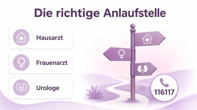 Medizinischer Wegweiser mit Symbolen für Hausarzt, Frauenarzt, Urologe und der Nummer 116117