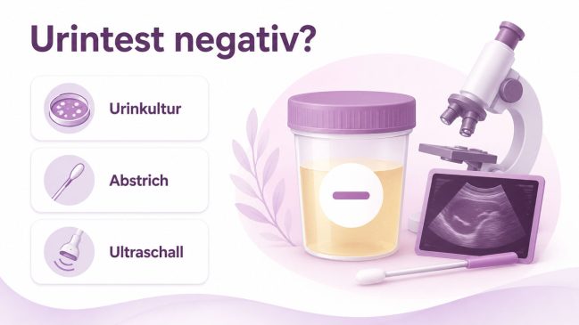 Urinbecher mit Minuszeichen neben Mikroskop, Abstrichtupfer und Ultraschallbild