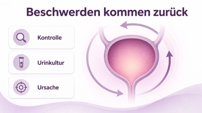 Blase mit kreisförmigen Pfeilen und Symbolen für Kontrolle, Urinkultur und Ursachensuche