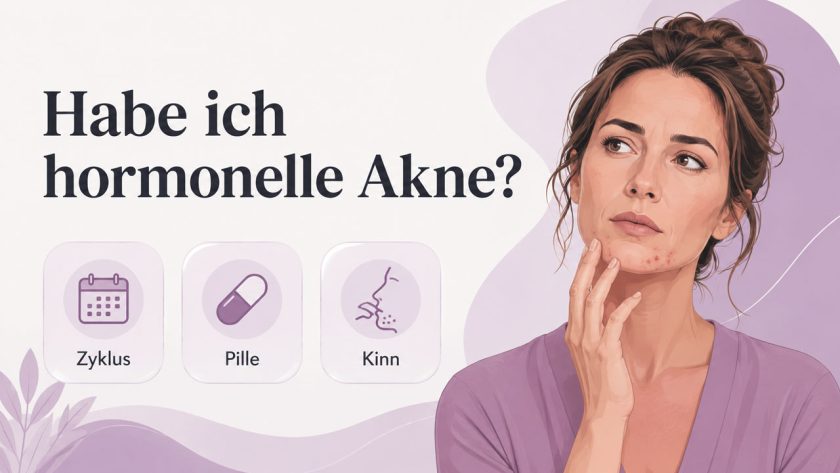 Illustration einer Frau mit Pickeln am Kinn, dazu Symbole für Zyklus, Pille und Kinn als Hinweise auf hormonelle Akne