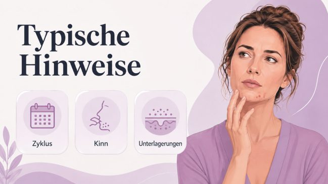 Illustration einer Frau mit Kinnakne und drei Karten mit Symbolen für Zyklus, Kinn und Unterlagerungen