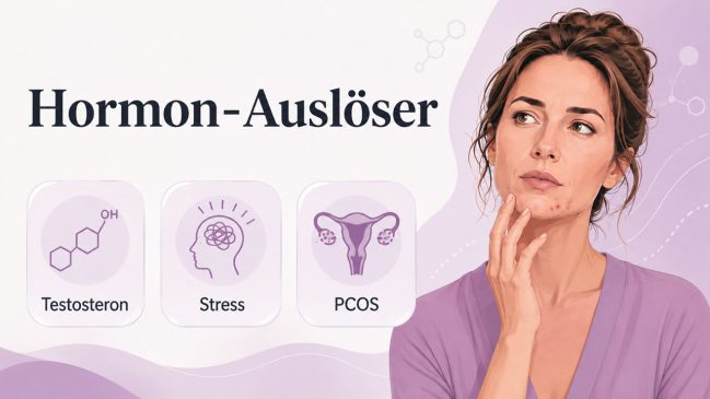 Illustration einer Frau mit Kinnakne neben drei Karten mit Symbolen für Testosteron, Stress und PCOS