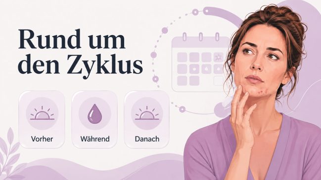 Illustration einer Frau mit Kinnakne, Zyklusgrafik und drei Karten für vorher, während und danach