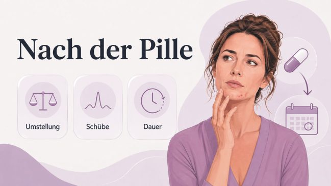Illustration einer Frau mit Kinnakne, Pillensymbol, Kalender und drei Karten zu Umstellung, Schüben und Dauer
