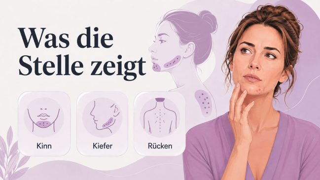 Illustration einer Frau mit Kinnakne und markierten Hautzonen an Kinn, Kiefer und Rücken
