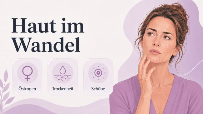 Illustration einer Frau mit unreiner Haut neben drei Karten mit Symbolen für Östrogen, Trockenheit und Schübe