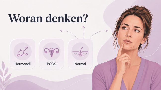 Illustration einer nachdenklichen Frau mit Kinnakne neben Karten für hormonell, PCOS und normal