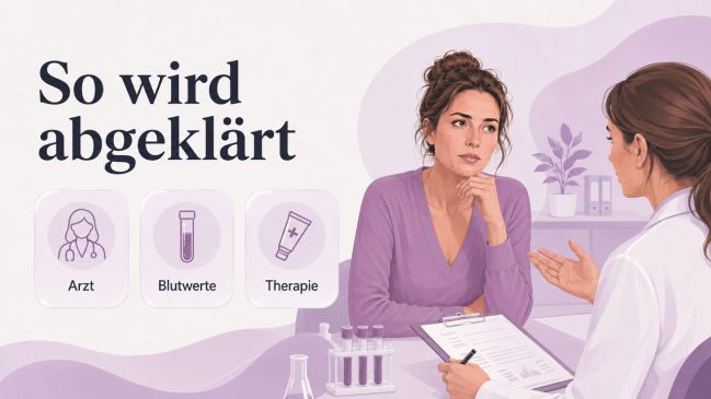 Illustration einer ärztlichen Beratung mit Patientin, Ärztin, Blutproben und drei Karten zu Arzt, Blutwerten und Therapie