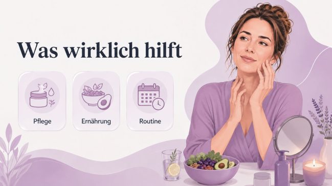 Illustration einer Frau bei der Hautpflege mit Spiegel, Pflegeprodukten, Essen und drei Karten zu Pflege, Ernährung und Routine