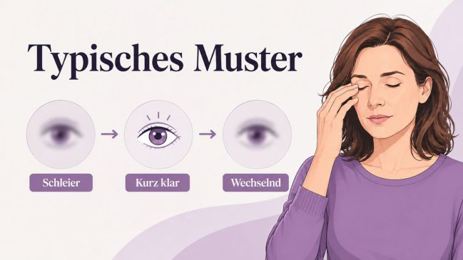 Frau mit geschlossenen Augen neben drei Darstellungen von verschwommenem, klarem und erneut verschwommenem Sehen