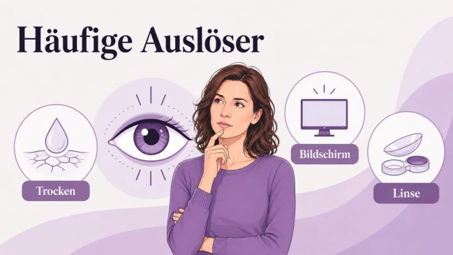 Nachdenkliche Frau neben einem Auge sowie Symbolen für trockene Augen, Bildschirm und Kontaktlinse