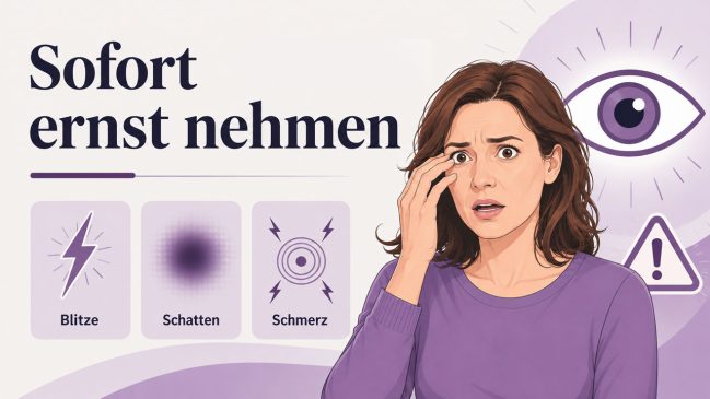 Erschrockene Frau mit einer Hand am Auge neben Symbolen für Lichtblitze, dunklen Schatten und Schmerzen