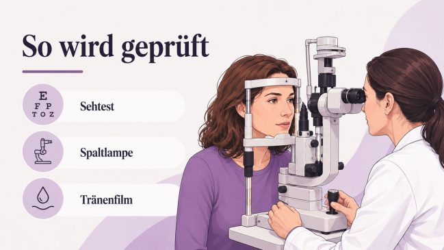 Augenärztin untersucht eine Frau an der Spaltlampe neben Symbolen für Sehtest, Spaltlampe und Tränenfilm