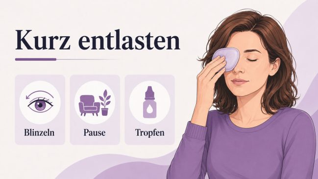 Frau hält eine warme Kompresse auf ihr geschlossenes Auge neben Symbolen für Blinzeln, Pause und Augentropfen