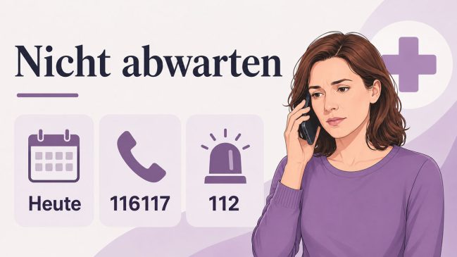 Frau telefoniert neben drei Feldern mit Kalender, Telefonnummer 116117 und Notruf 112