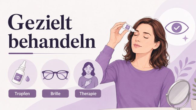 Frau verwendet Augentropfen neben Symbolen für Tropfen, Brille und medizinische Therapie