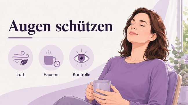 Entspannte Frau mit einer Tasse am Fenster neben Symbolen für Luft, Pausen und Augenkontrolle