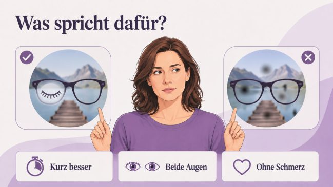 Frau zwischen einem klaren und einem fleckig verschwommenen Sichtfeld mit den Hinweisen kurz besser, beide Augen und ohne Schmerz