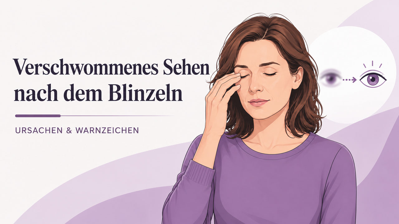 Frau mit geschlossenen Augen berührt ihr Augenlid neben einer Darstellung von verschwommenem und klarem Sehen